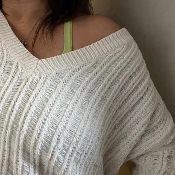 Oversized Cropped Ivory Crochet Knit Sweater Plush Top Off Shoulder Kawaii Comfy - Picture 9 of 9